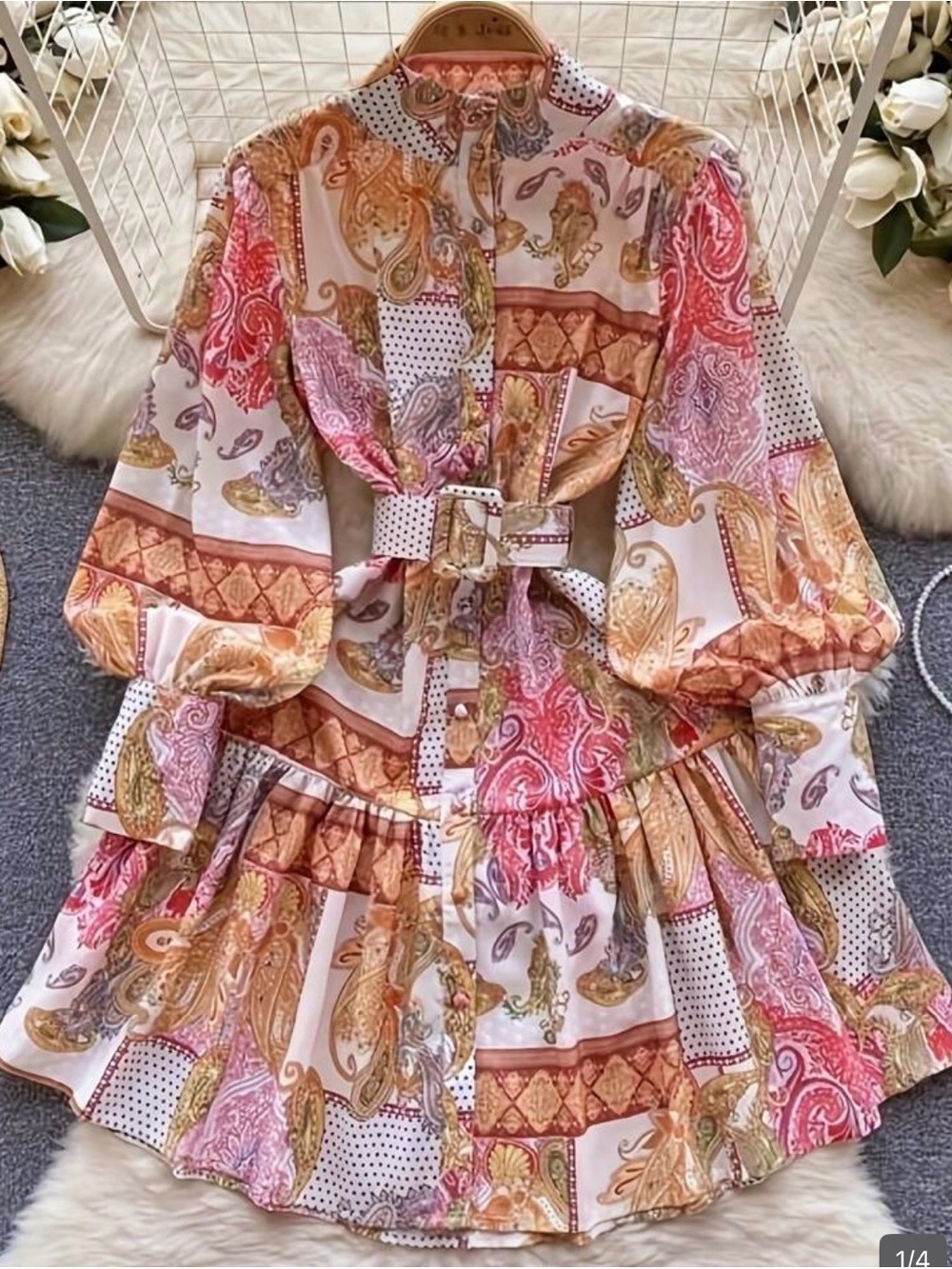 Women Paisley Print Belted Dress - Pink & Gold